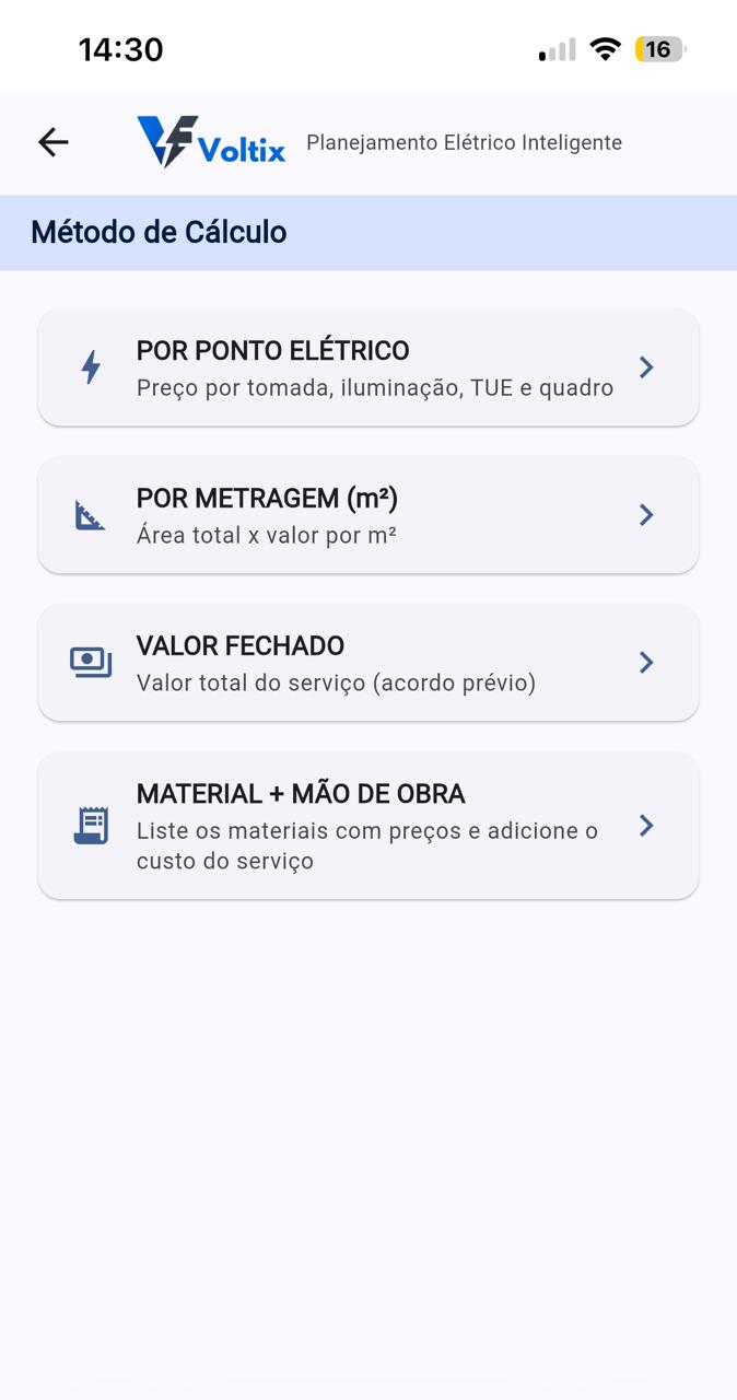 App Voltix - Tipos de orçamento